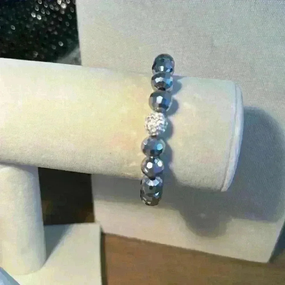 Vintage Silver Disco Crystal Beads Rhinestone Ball Erimish Stretch Bracelet - Picture 3 of 7